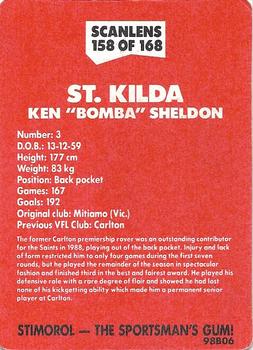 1989 Scanlens VFL #158 Ken Sheldon Back